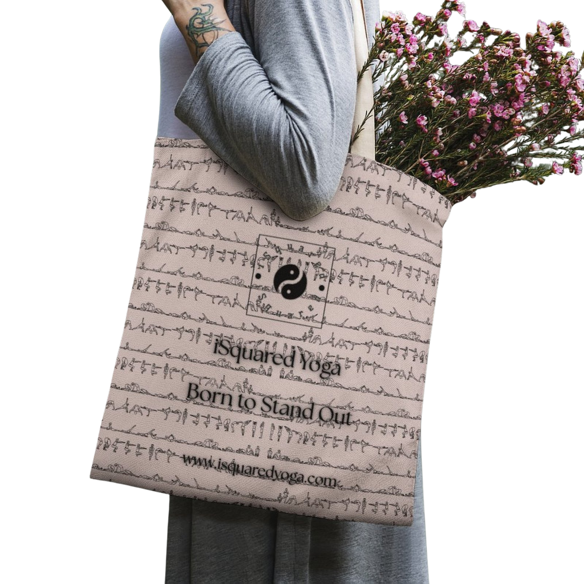 Bikram Pastel iSquared Yoga tote bag in 100% cotton canvas with double-sided 26-posture Bikram series print
