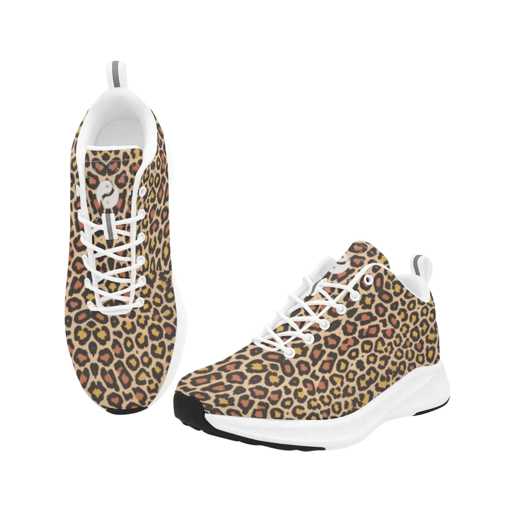 Men's runners in classic leopard print with gold and black spots, featuring a white sole and laces.