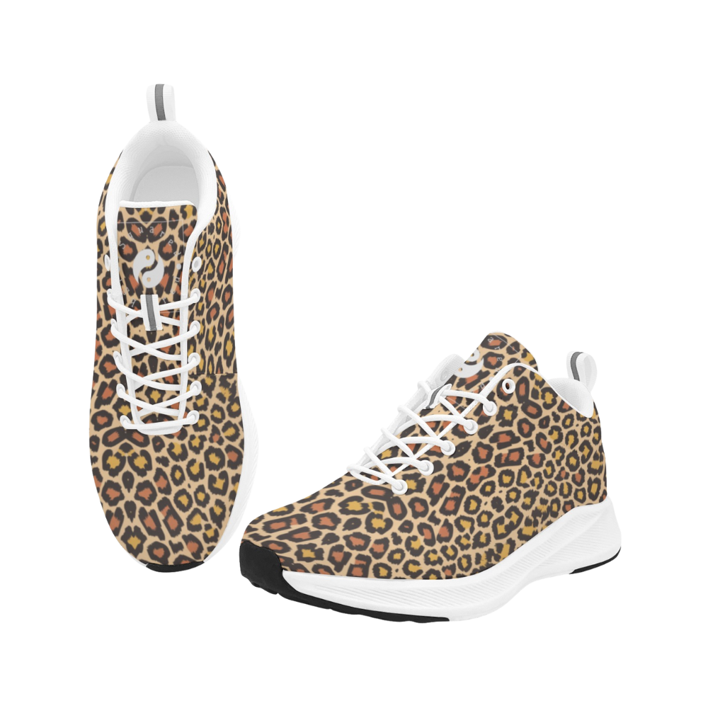 Men's runners in classic leopard print with gold and black spots, featuring a white sole and laces.