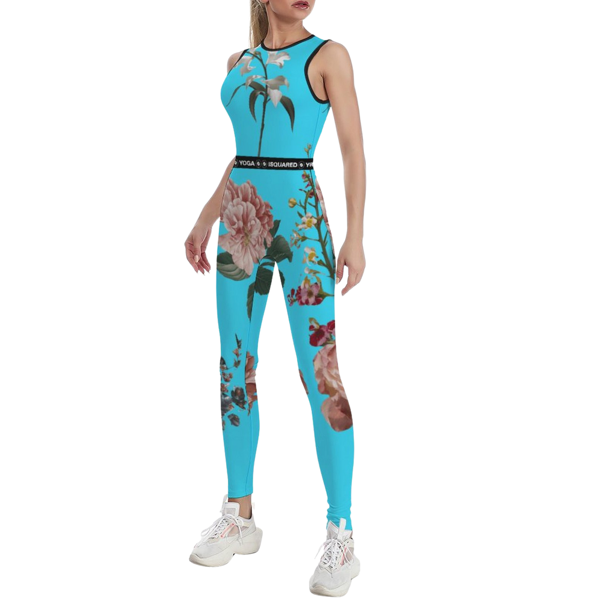 Sleeveless iSquared Jumpsuit in bright turquoise with floral prints, fitted silhouette, and a comfortable waistband.