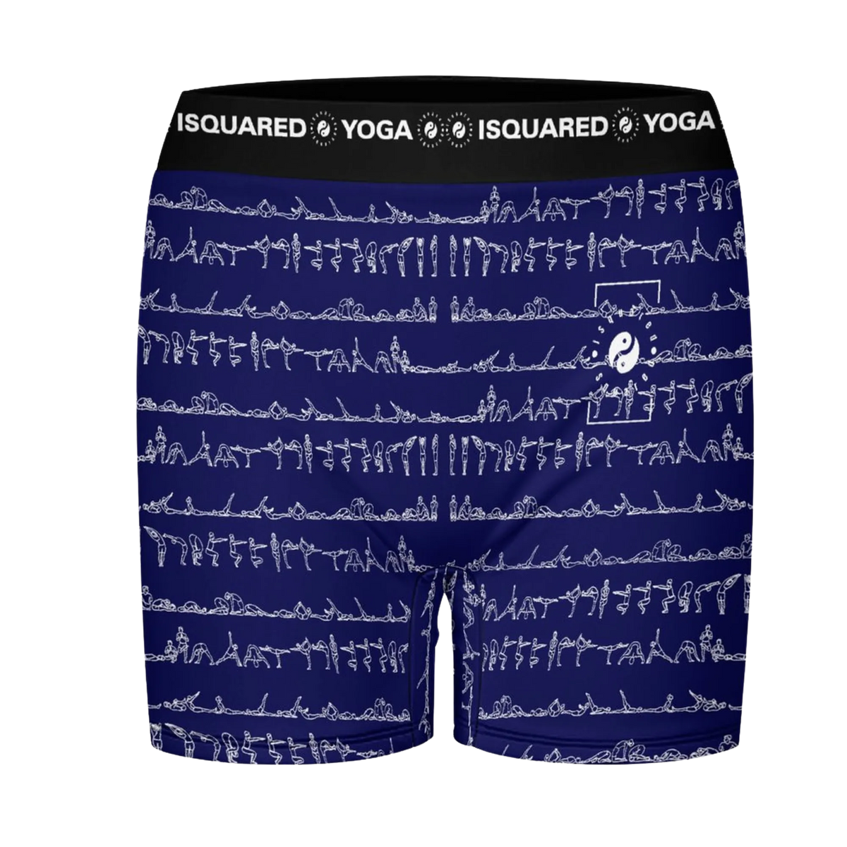 Bikram Ember iSquared Yoga Shorts in navy blue, featuring white line art of yoga poses, and a black elastic waistband.