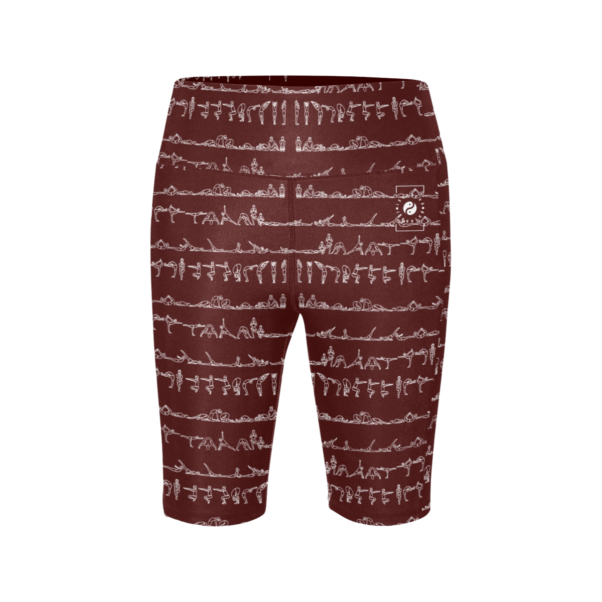 Bikram Ember iSquared Maureen shorts in deep burgundy with white yoga illustrations, featuring a high-waisted biker design.
