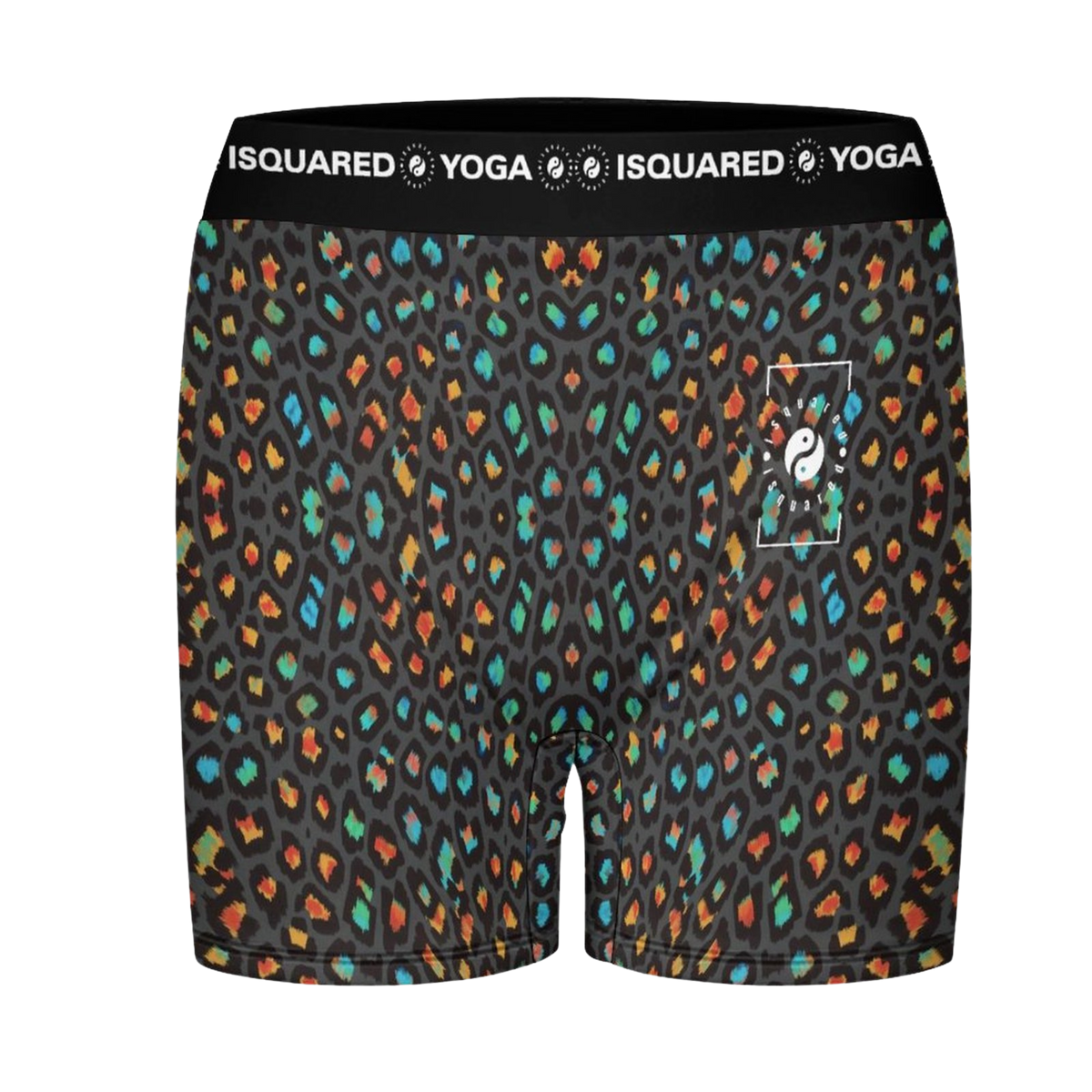 Wild Leopards iSquared Yoga Shorts feature a black base with vibrant leopard print in orange, teal, and purple. The shorts have a wide waistband.