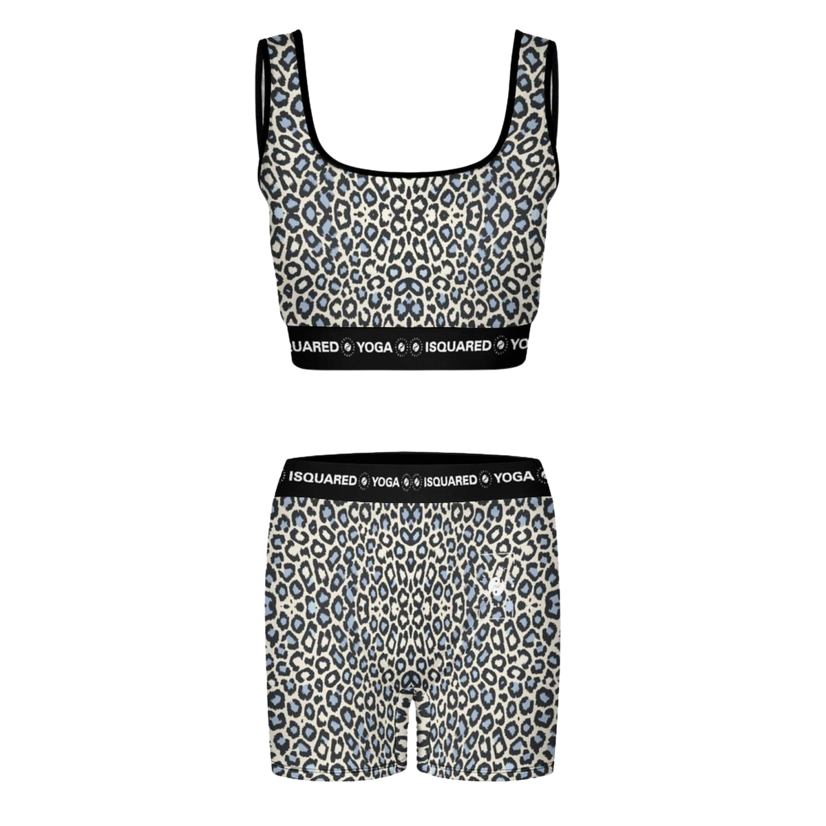 Wild Leopards iSquared Yoga Set featuring a leopard print design in beige, black, and blue colors, includes a cropped top and matching shorts.