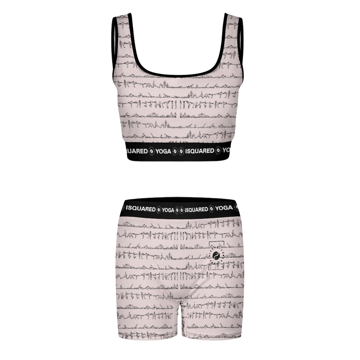 Pastel pink yoga set with a cropped top and matching shorts, featuring a black waistband and yoga pose print design.