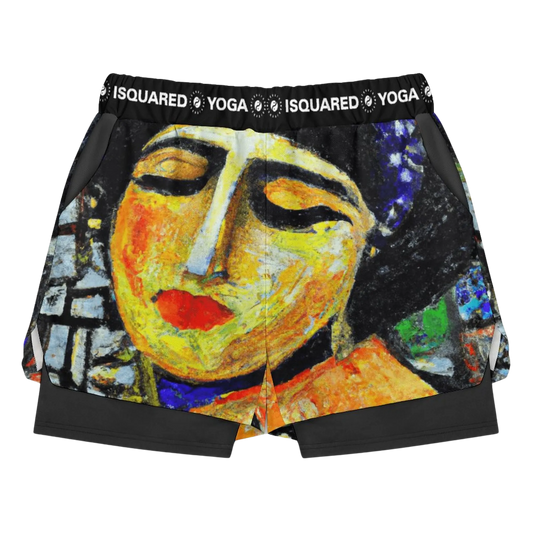Compression yoga shorts featuring a vibrant, multi-colored abstract art print on the front with a black mesh outer layer.