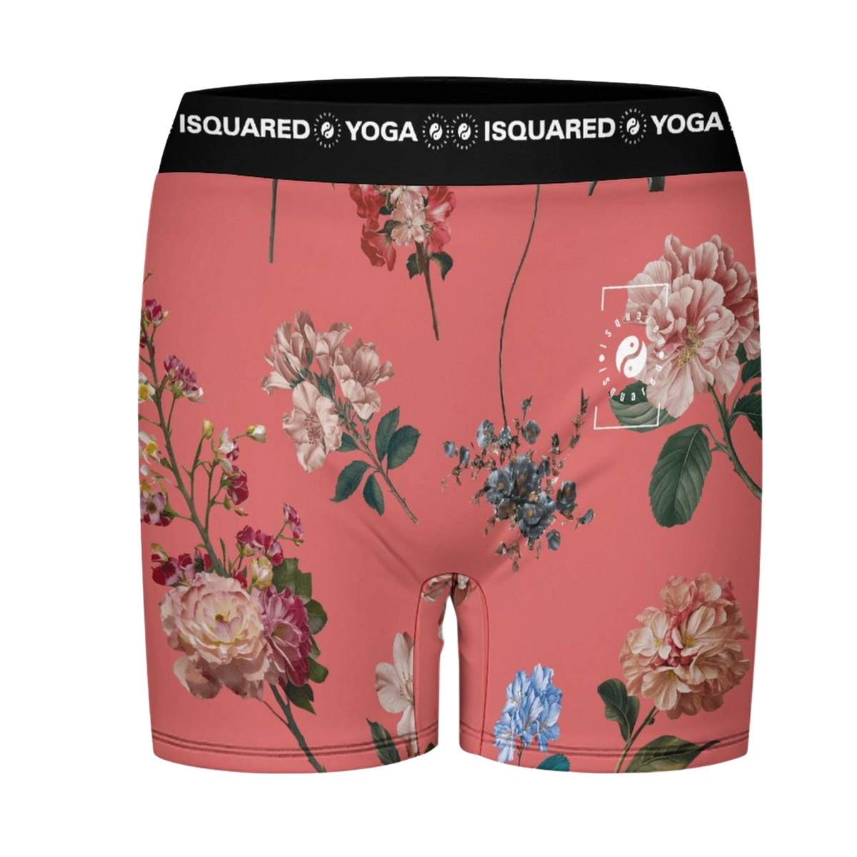 Coral iSquared Yoga Shorts featuring a floral all-over print, elastic waistband, and a fitted style perfect for workouts.