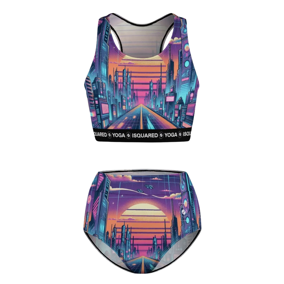 Colorful hot yoga bikini set featuring a painted cityscape design in pink, purple, and blue tones, with a supportive sports bra and high-waisted bikini bottom.