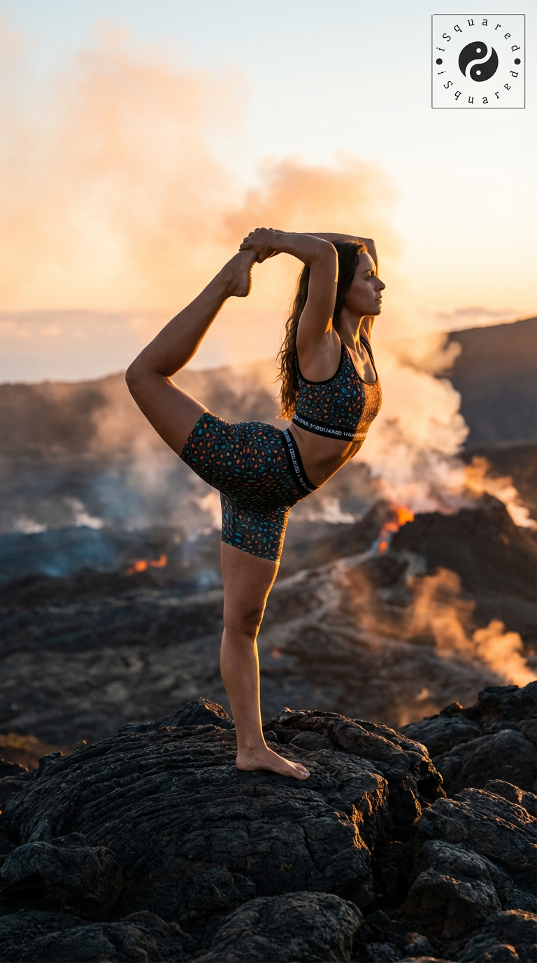 The Wild Leopards iSquared Yoga Set features a colorful leopard print with gold and black spots, styled as a crop top and shorts. A model demonstrates a yoga pose on rocky terrain, showcasing the set's second-skin fit.