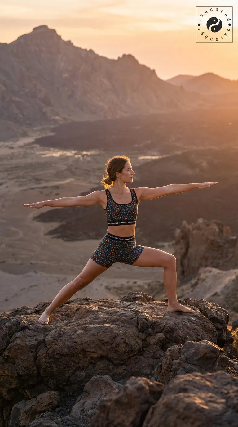 Woman wearing the Wild Leopards yoga set featuring a black and colorful leopard print. She is in a warrior pose on a rocky ledge.