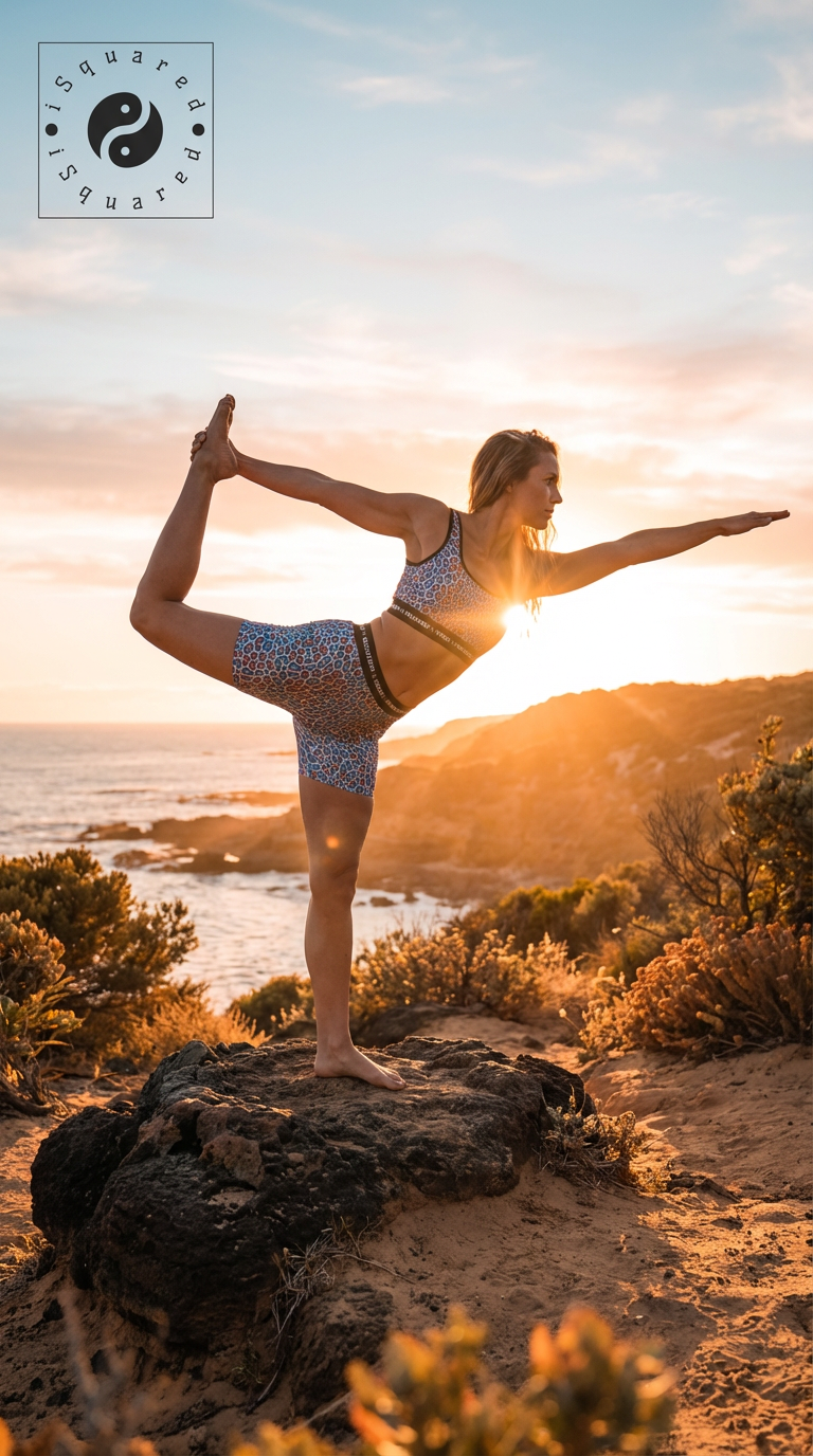 Wild Leopards iSquared Yoga Set featuring a leopard print sports bra and bike shorts, worn during a yoga pose at sunset.