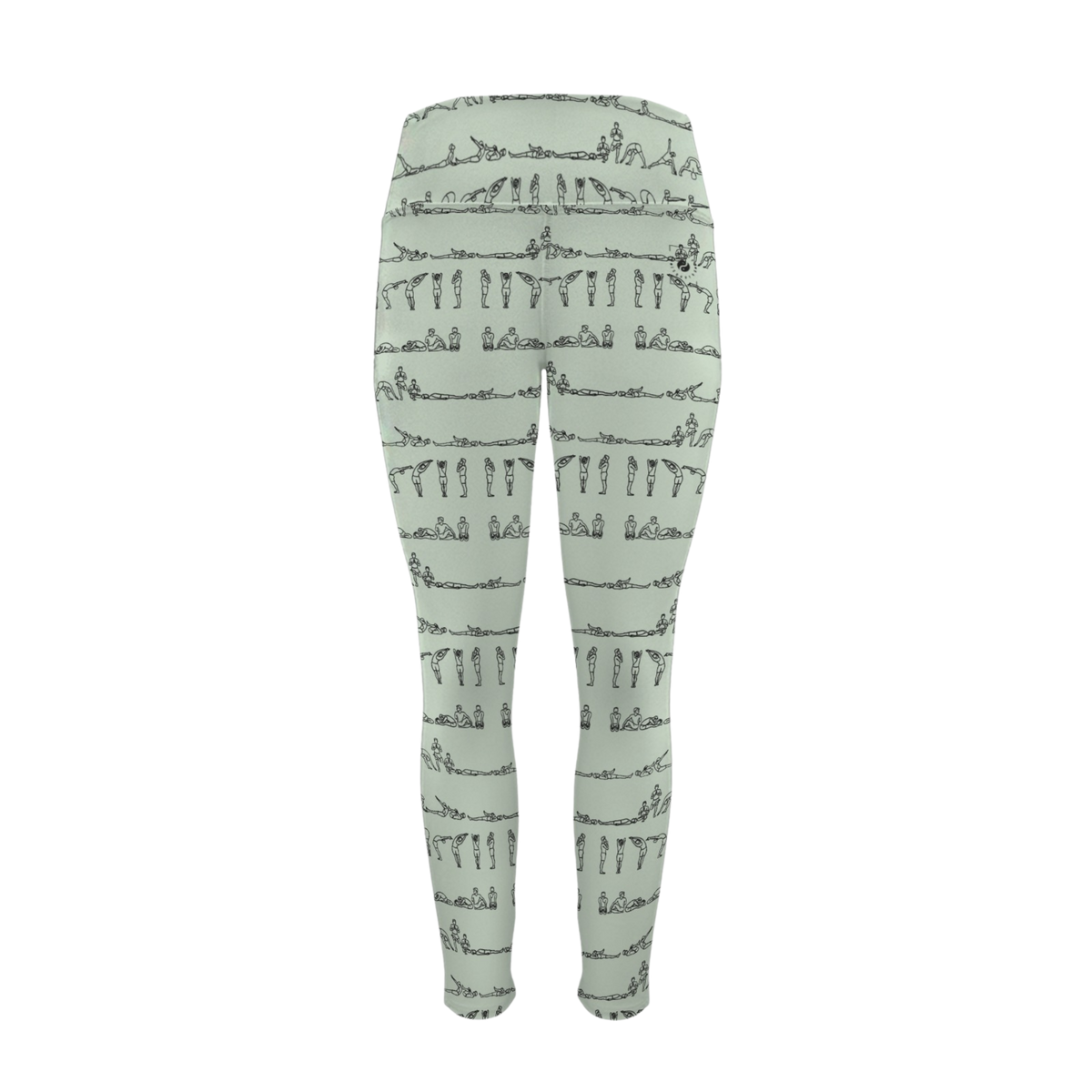 Bikram Pastel pocket leggings in soft sage green, featuring silhouette patterns of yoga poses throughout.