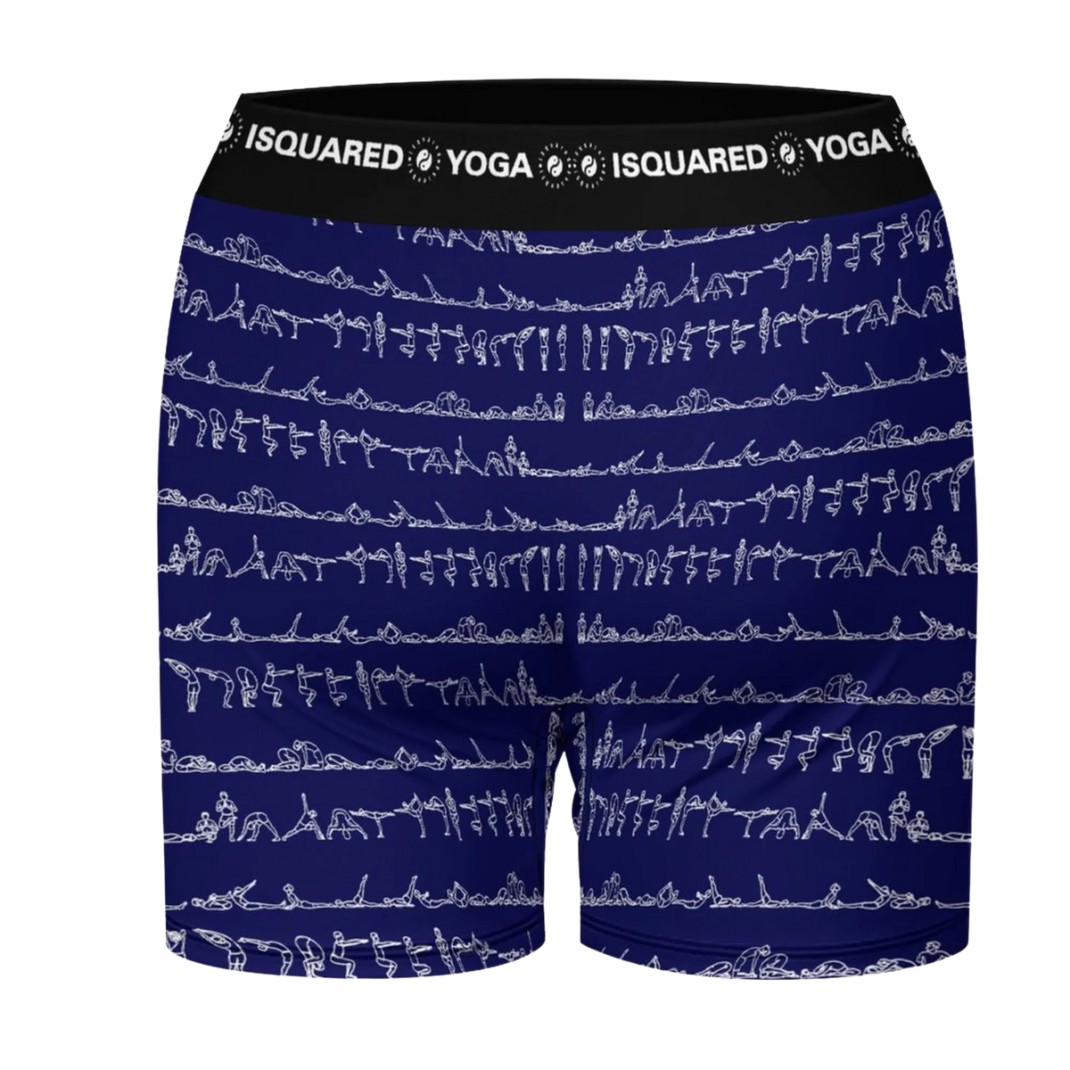 Unisex yoga shorts with a navy base and white yoga pose graphics, featuring a wide elastic waistband for comfort.