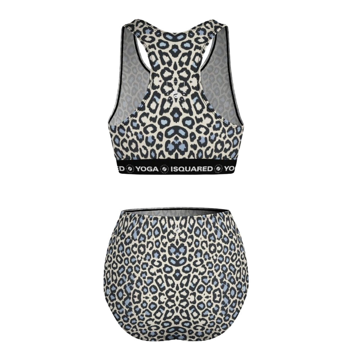 Bikini set featuring a classic leopard print in beige with black and light blue accents; includes a sports bra and shorts.
