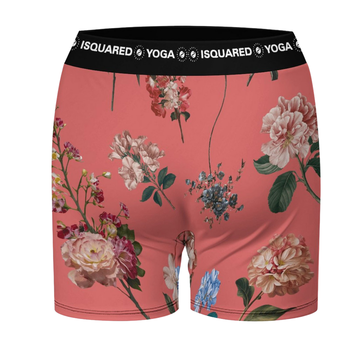 Botanicals iSquared Yoga Shorts featuring a vibrant coral base with floral patterns in pink, blue, and green hues.