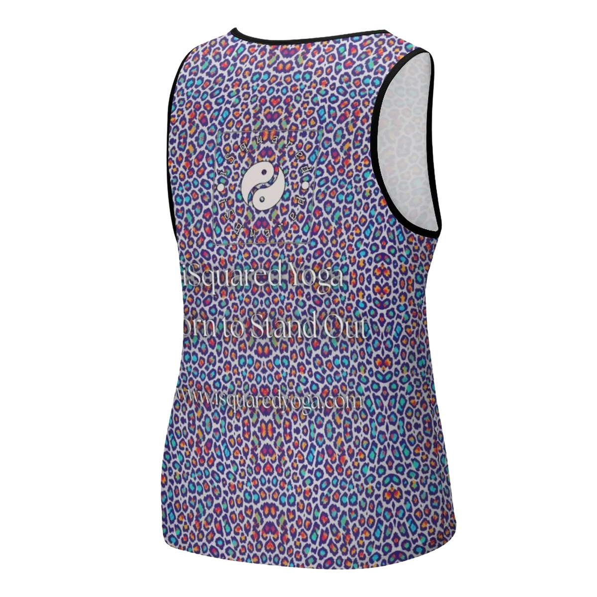 Sleeveless tank top featuring a vibrant wild leopard print in pink, purple, and blue, designed for comfort and style.