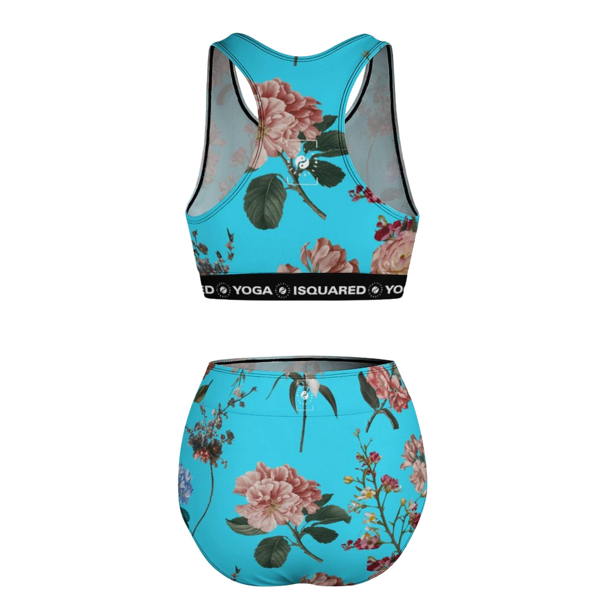 Hot Yoga Bikini Set in vibrant turquoise with floral pattern, featuring a sporty crop top and high-waisted bottoms.