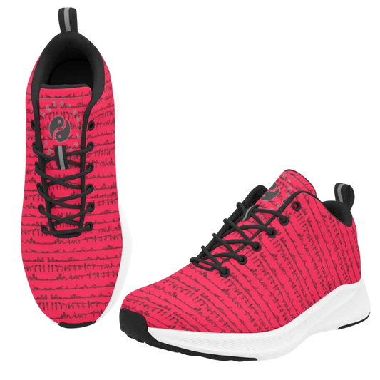 Bright pink iSquared Women Runners with a graphic pattern, black laces, and a white outsole, featuring a sleek design.