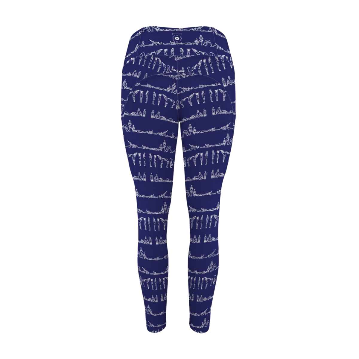 Bikram Ember pocket leggings in navy blue featuring a white yoga pose print, high-rise waistband, and snug fit.
