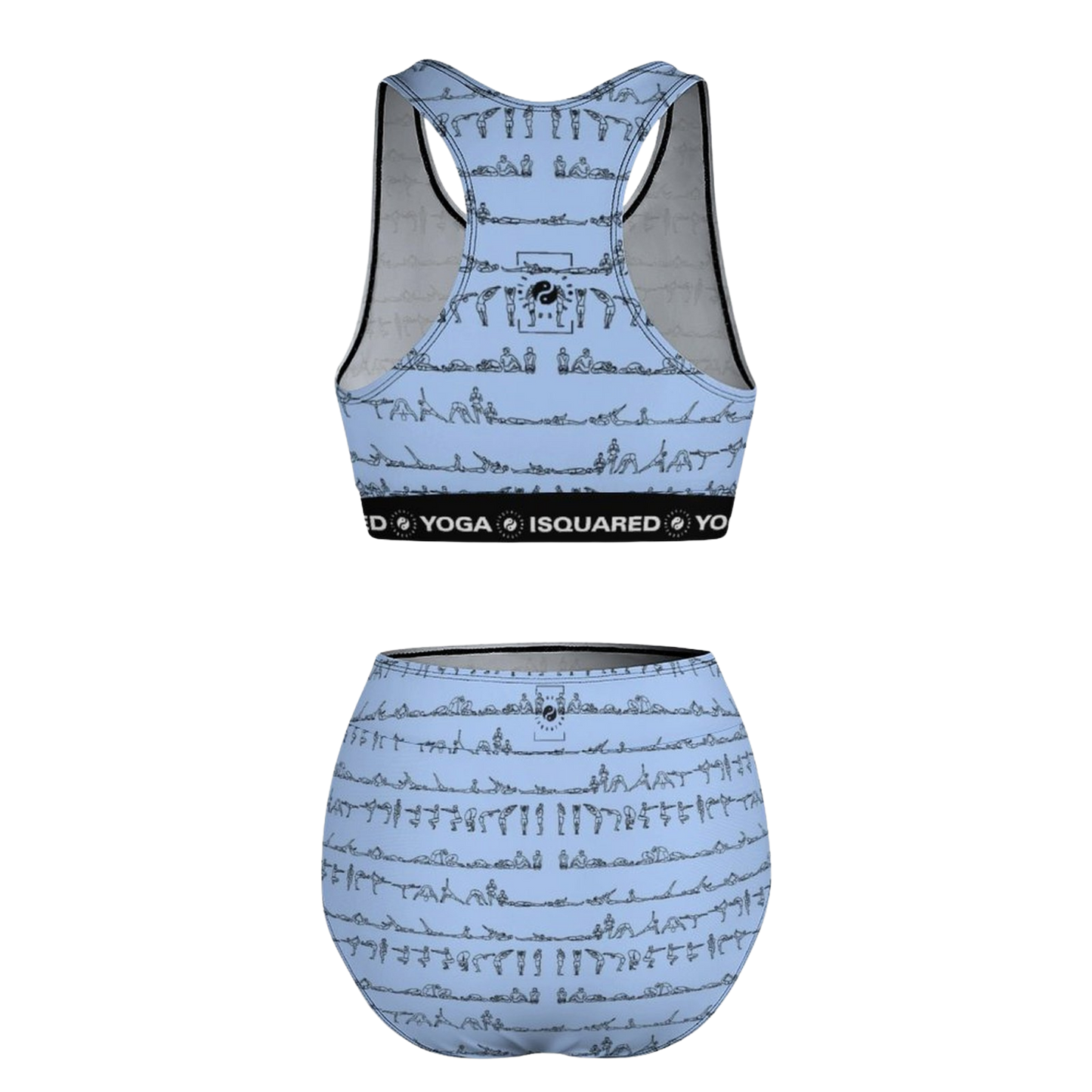 Bikram Pastel hot yoga bikini set in soft blue featuring a printed design of yoga poses, with a black supportive waistband.