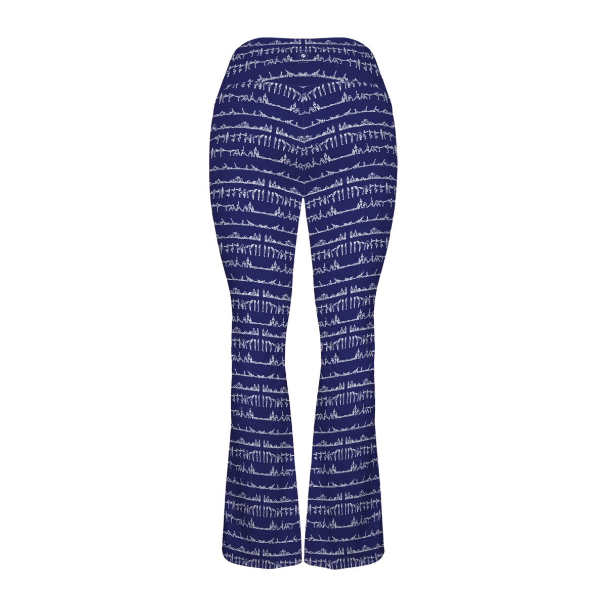Bikram Ember Cross Waisted Flair Leggings in navy, featuring white yoga pose print, flared legs, and a crossover waistband.