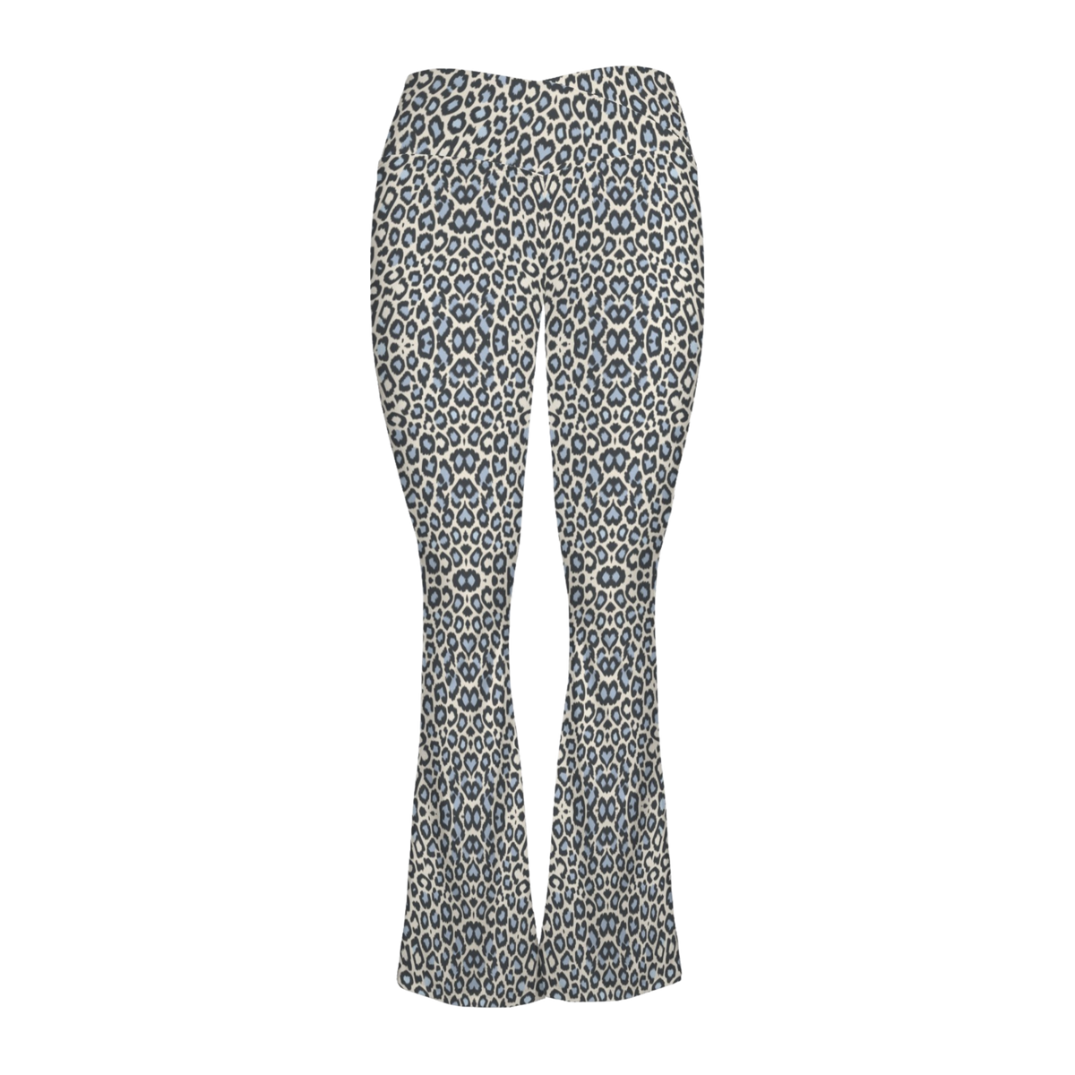 Cross waisted flare leggings featuring a light beige base with a blue and black leopard pattern.