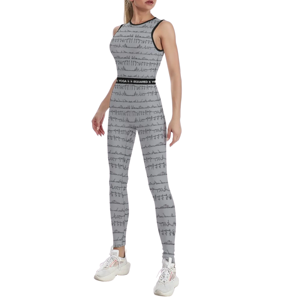 Sleeveless grey jumpsuit with a subtle pattern, fitted silhouette, and black waistband, styled with white sneakers.