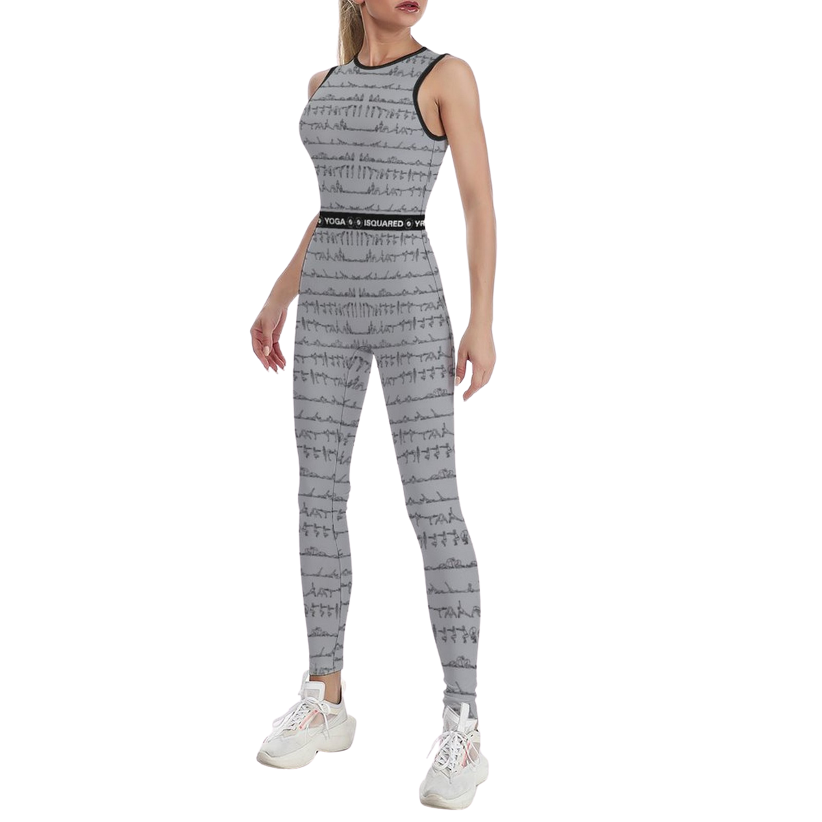 Sleeveless grey jumpsuit with a subtle pattern, fitted silhouette, and black waistband, styled with white sneakers.