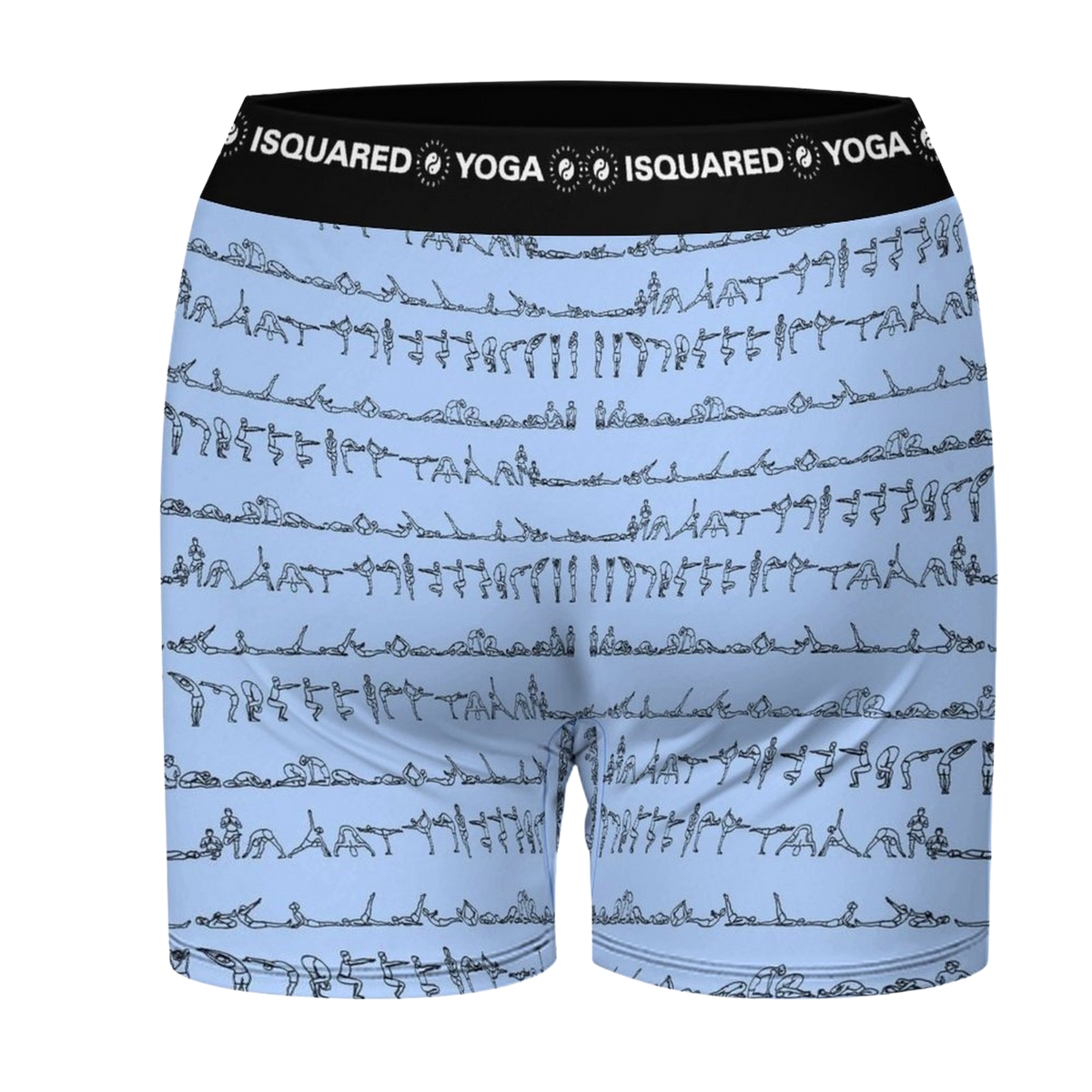 Bikram Pastel iSquared Yoga Shorts in light blue featuring black outlines of yoga poses and a wide black waistband.