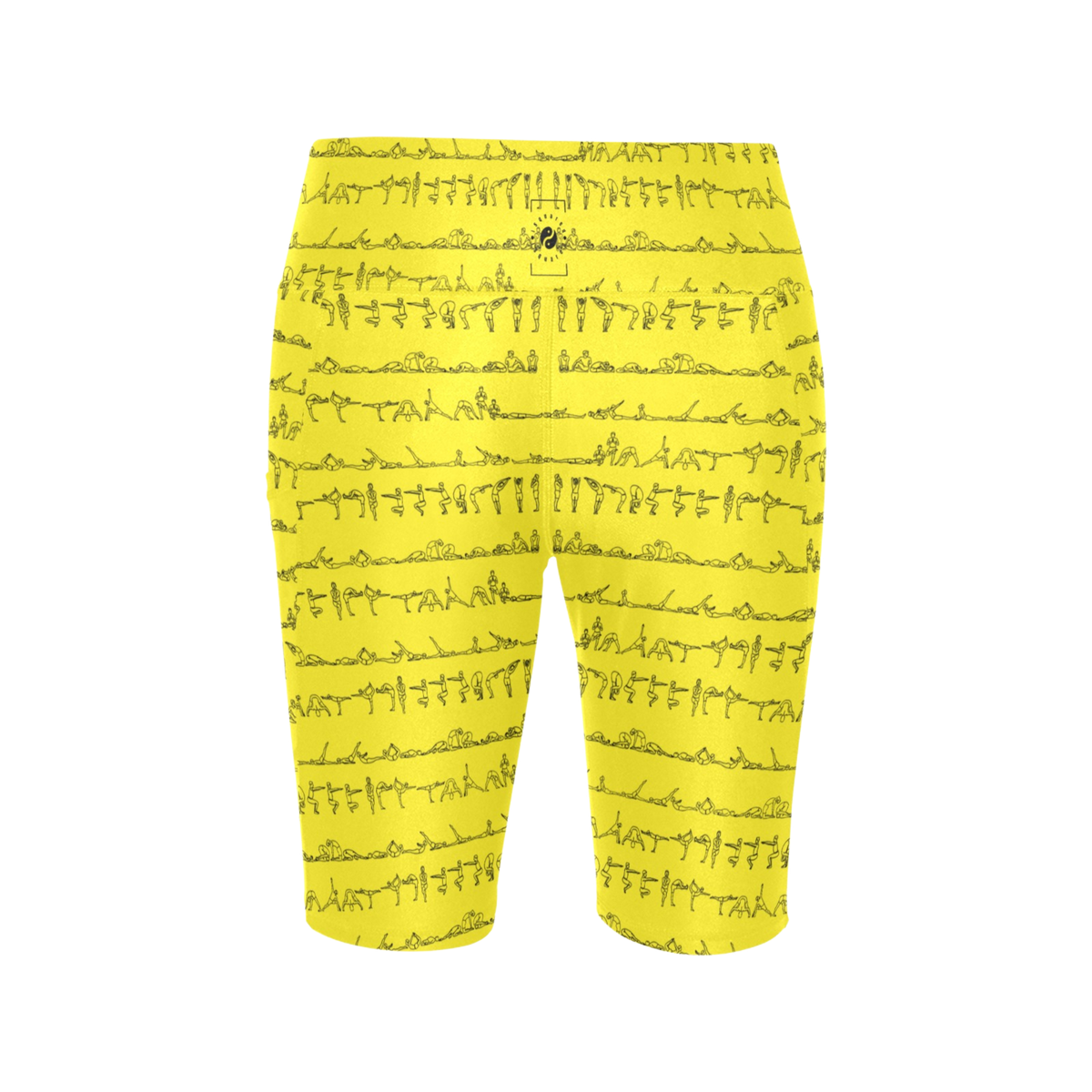 High-waisted yellow biker shorts with a black yoga posture print, designed for comfort and mobility during workouts.