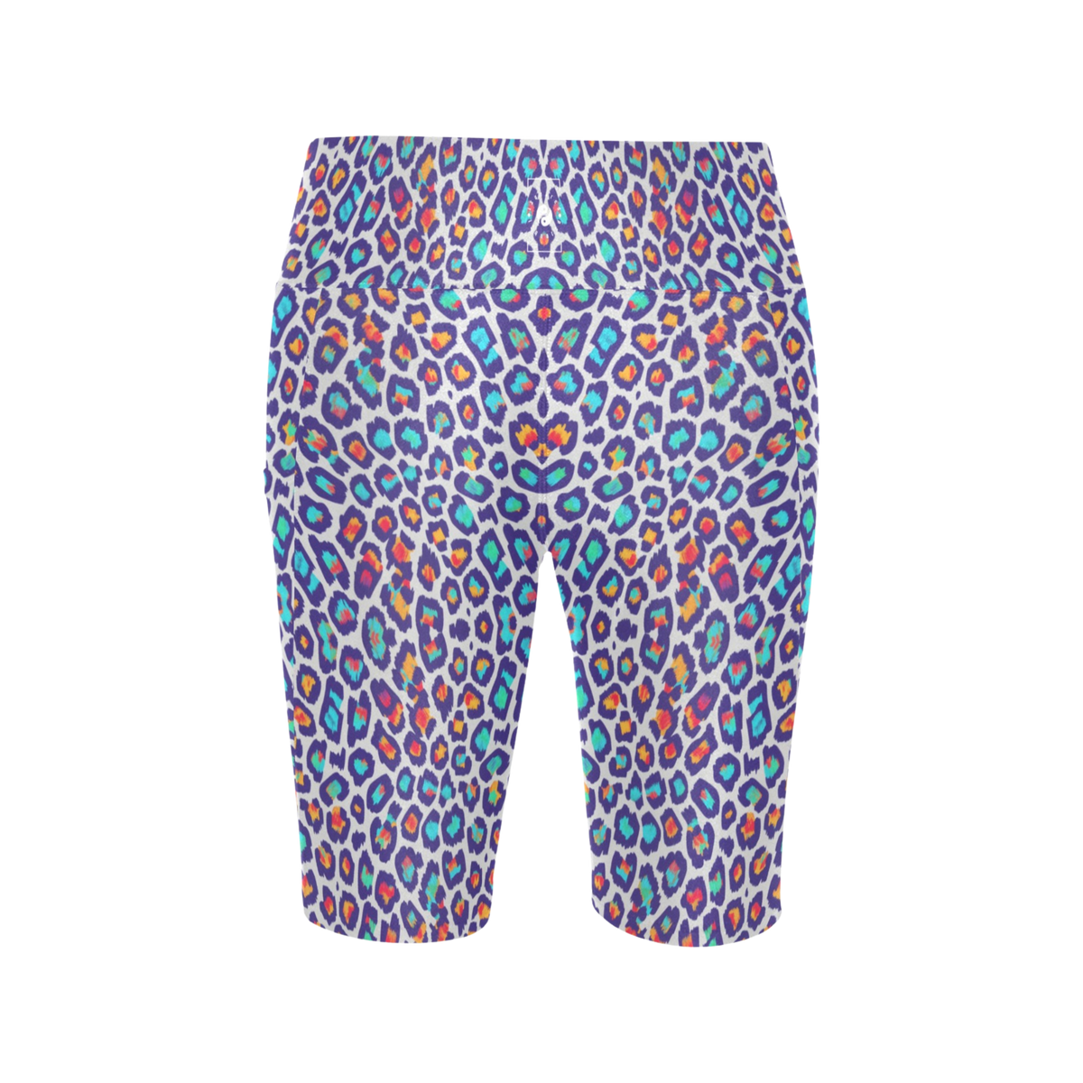 High-waisted biker shorts with a vibrant multicolored leopard print design, ideal for workouts and active wear.