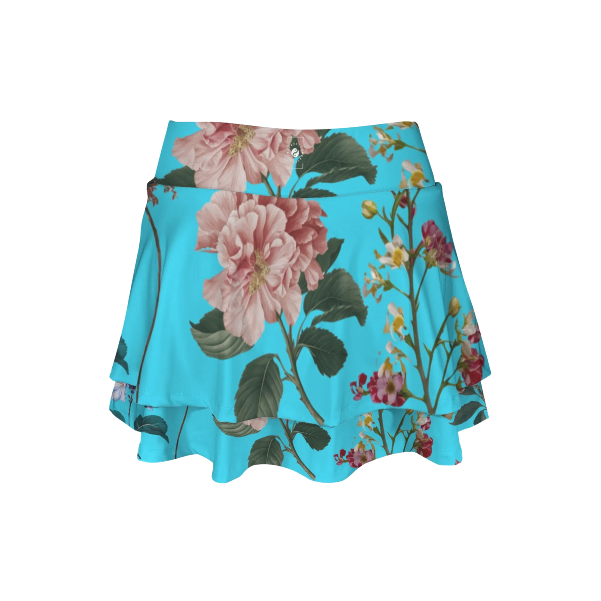 Botanicals iSquared Ruffle Skirt with high waist, layered ruffle hem, and built-in shorts in botanical print