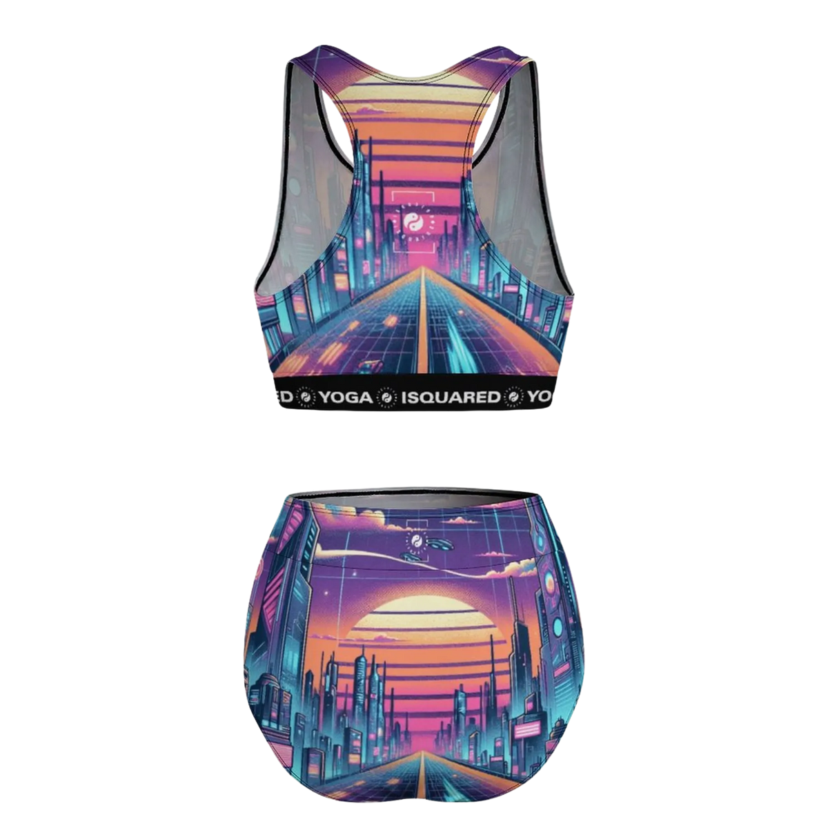Vibrant hot yoga bikini set featuring an all-over cityscape print in purple, pink, and blue tones; athletic fit with a supportive, wide band.