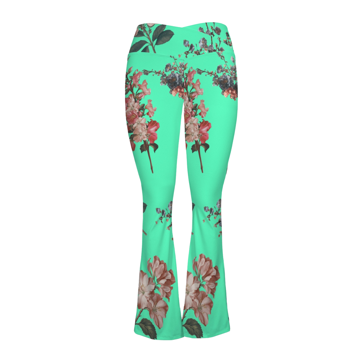 Vibrant turquoise Cross Waisted Flair Leggings with floral prints, featuring a crossover waistband and flared legs.