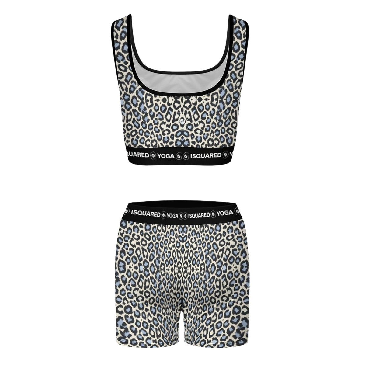 iSquared Yoga Set features a leopard print crop top and shorts in cream, black, and blue accents.