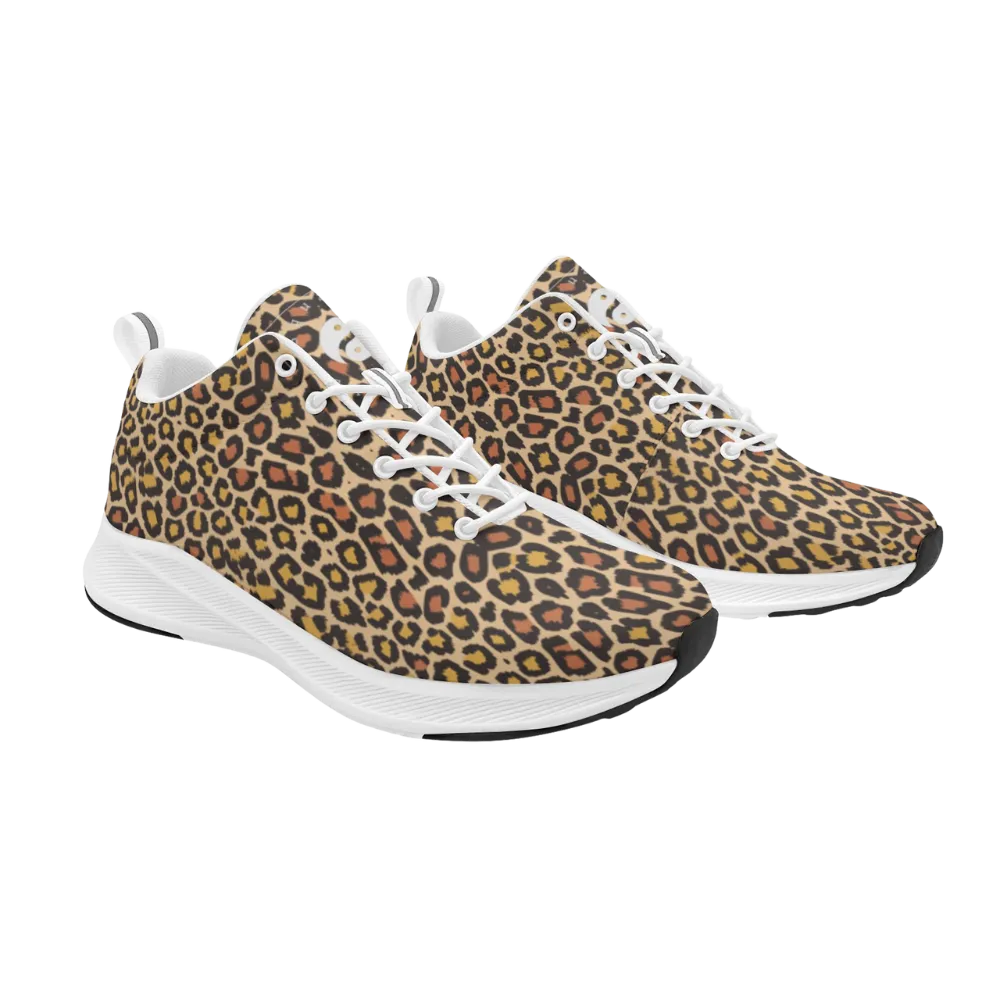 Wild Leopards iSquared Men Runners feature a classic leopard print with golden and black spots, white laces, and a durable sole.