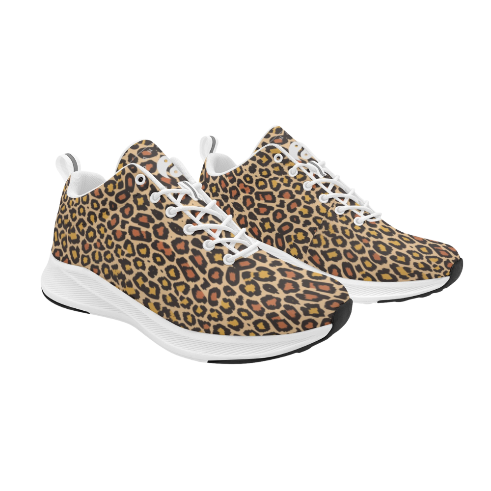 Wild Leopards iSquared Men Runners feature a classic leopard print with golden and black spots, white laces, and a durable sole.