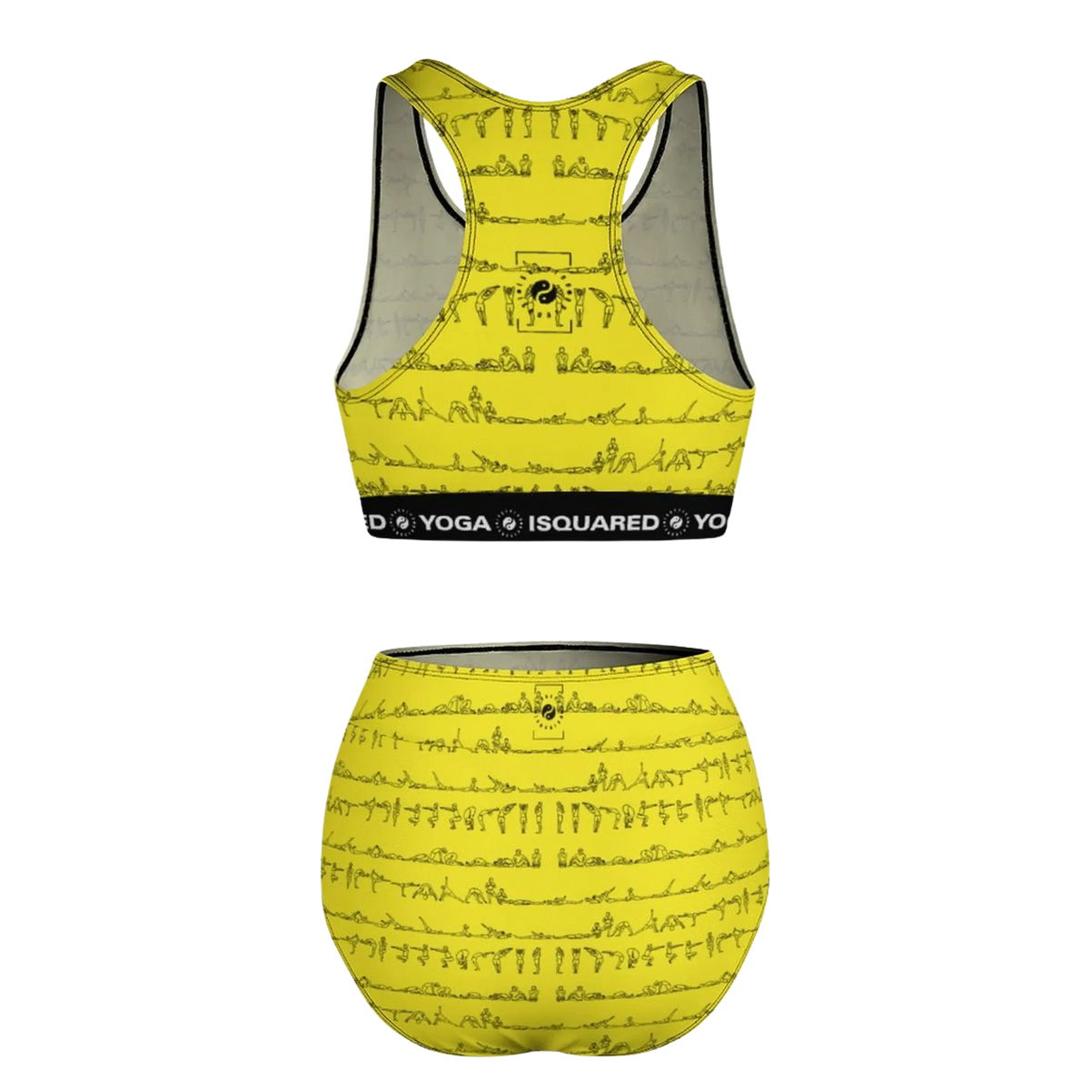 Yellow hot yoga bikini set featuring a racerback sports bra and matching shorts with black waistband, adorned with yoga posture prints.