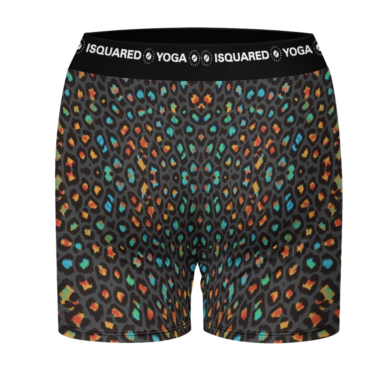 Black shorts featuring a vibrant leopard print in orange, teal, and green with an elastic waistband labeled "iSquared Yoga.