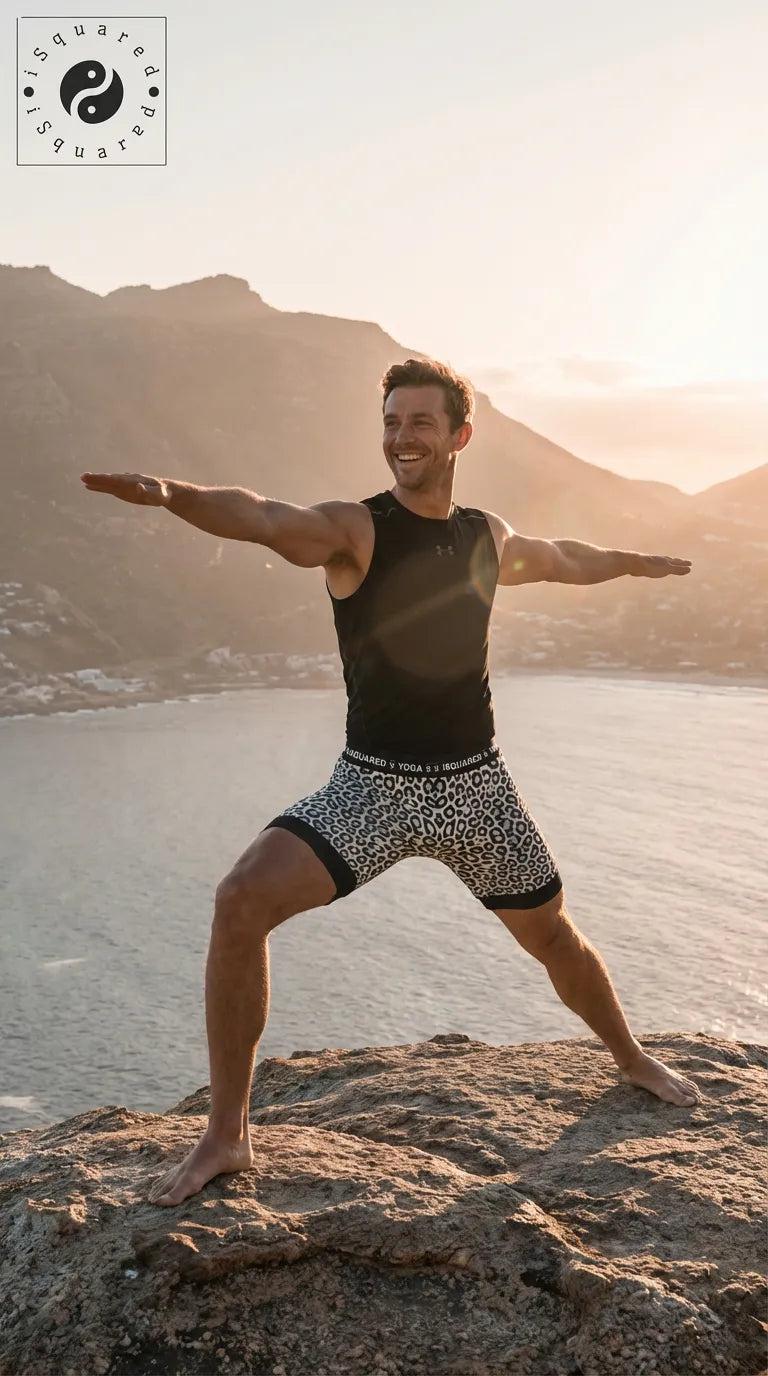 Wild Leopards Compression Yoga Shorts feature a classic black and gold leopard print, worn by a model demonstrating a yoga pose on a rocky cliff.