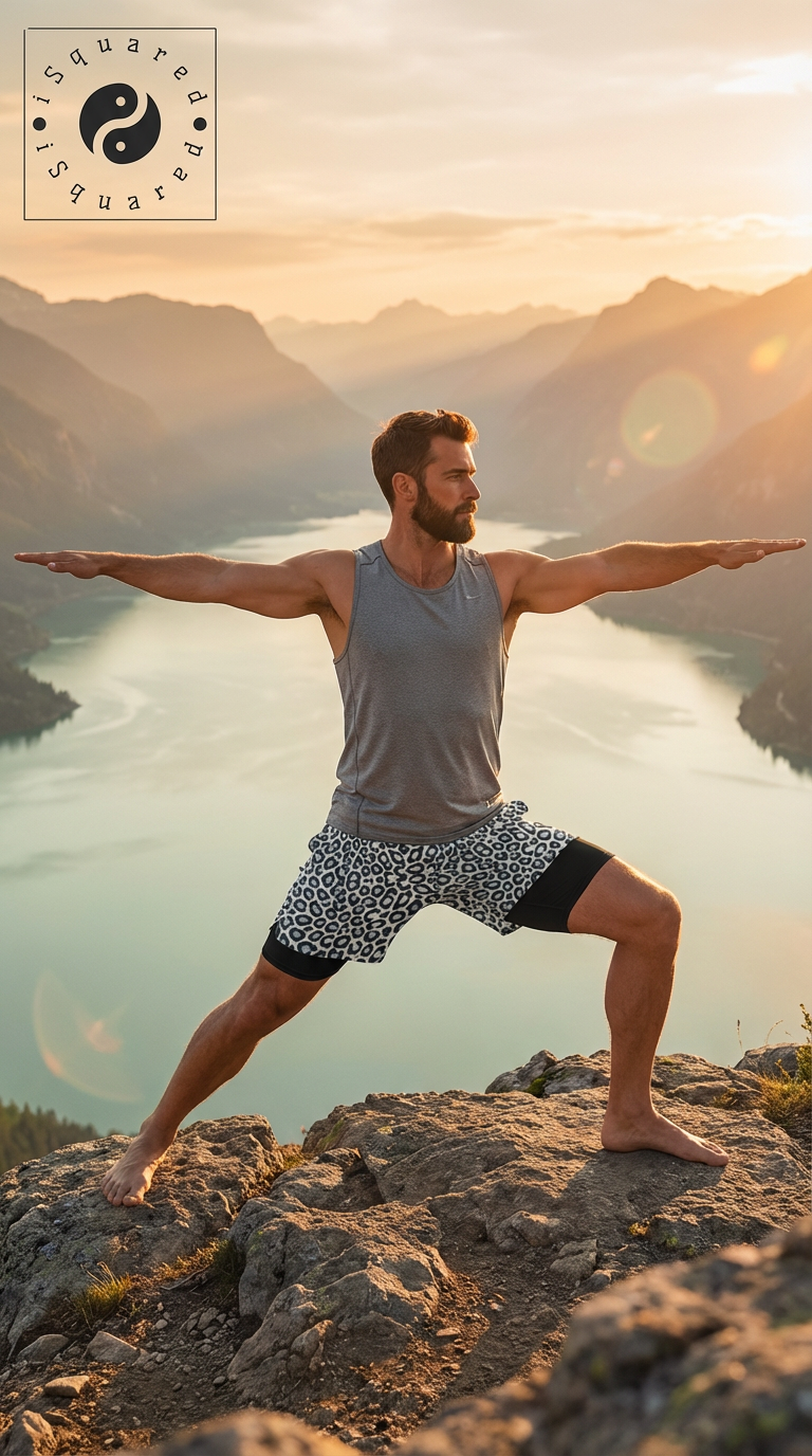 Compression yoga shorts featuring a wild leopard print in shades of black and white, worn by a man in a yoga pose outdoors.