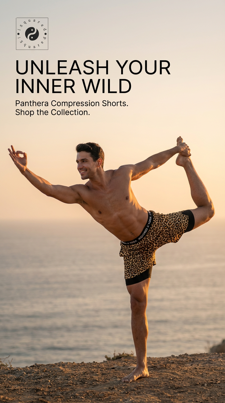 Compression yoga shorts in classic leopard print, black and golden, worn by a smiling man in a yoga pose outdoors.
