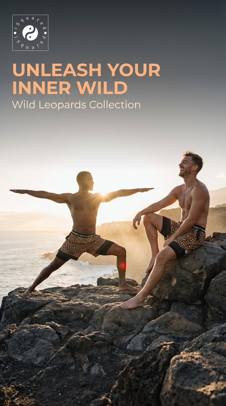Dual-layer compression yoga shorts with a classic black and golden leopard print, worn by two men in a natural setting.