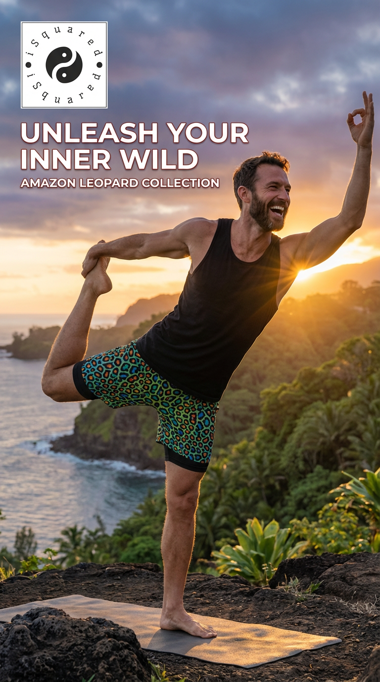 Compression yoga shorts in vibrant Amazon Leopard print, featuring green, orange, and black spots, shown on a male model.