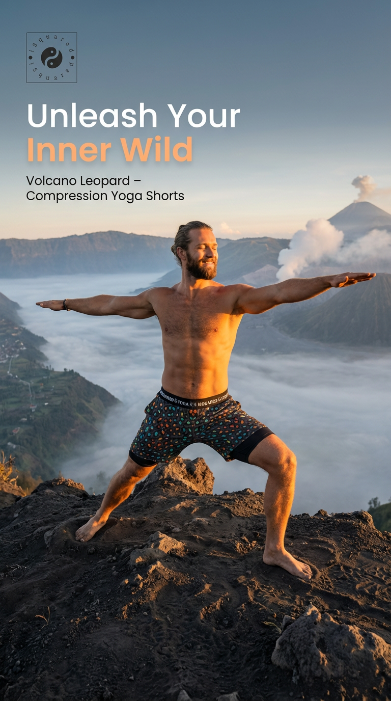 Compression yoga shorts in vibrant orange, graphite, and blue leopard print. Model poses on rocky terrain.
