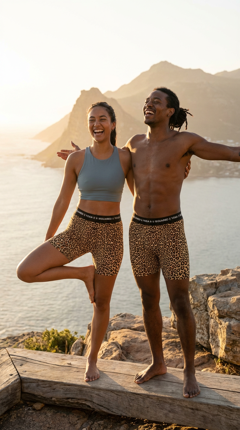 Unisex iSquared Yoga Shorts in classic leopard print, worn by a smiling couple on rocky terrain by the sea.