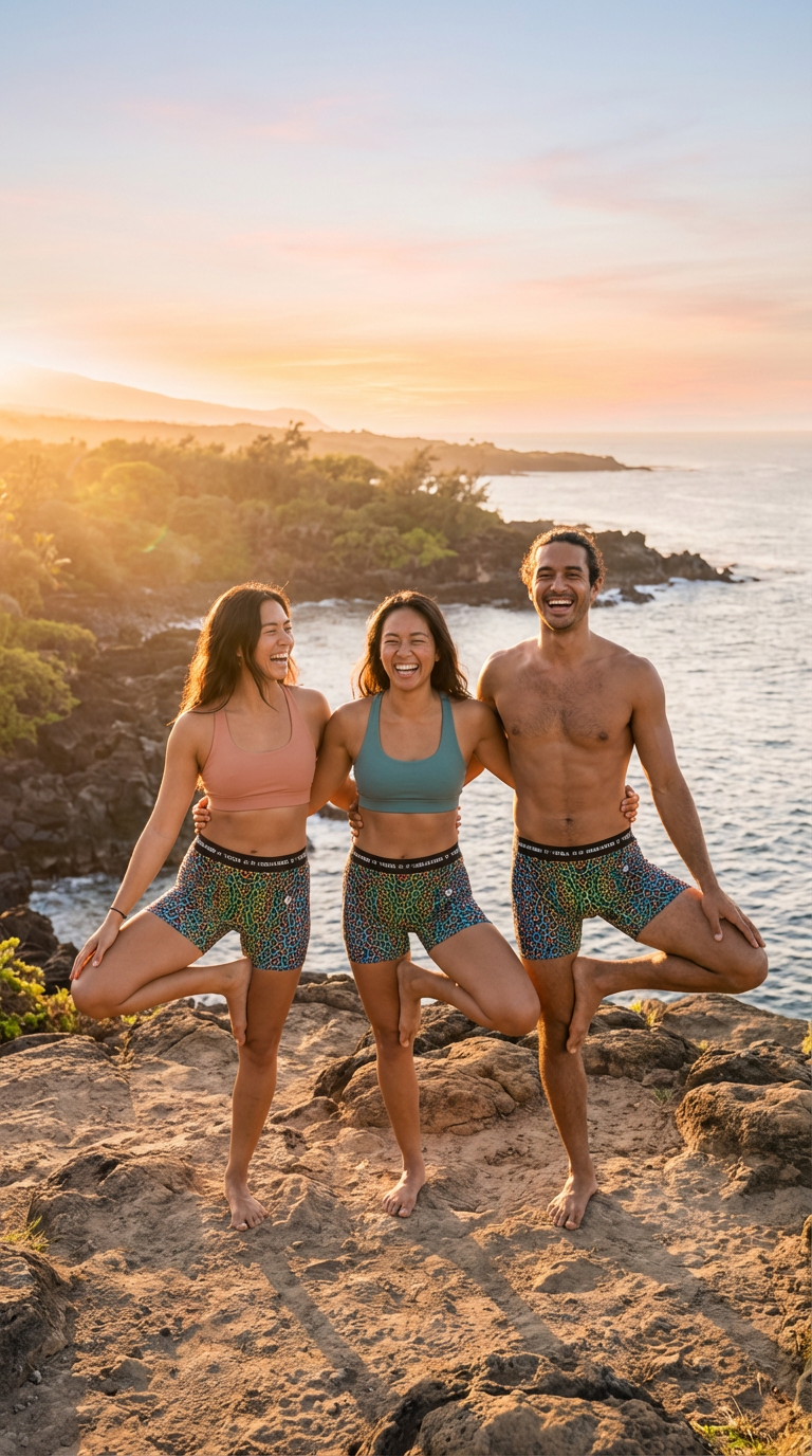 Three models are outdoors near a rocky coastline, dressed in vibrant Wild Leopards iSquared Yoga Shorts. Two women wear matching leopard print shorts, paired with casual tops, while a man also sports the shorts with an athletic look. The scene is set against a sunset backdrop, highlighting their playful poses.