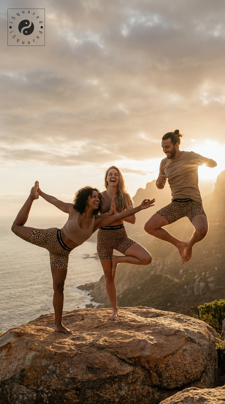 Unisex iSquared Yoga Shorts in a classic leopard print, worn by three models in playful poses against a sunset backdrop.