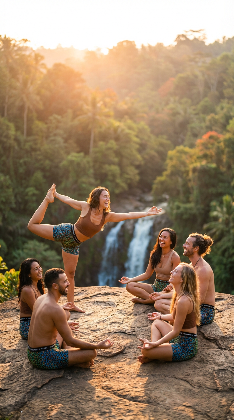 Unisex iSquared Yoga Shorts in vibrant wild leopard print worn by six models; one performs a yoga pose on a rocky surface.
