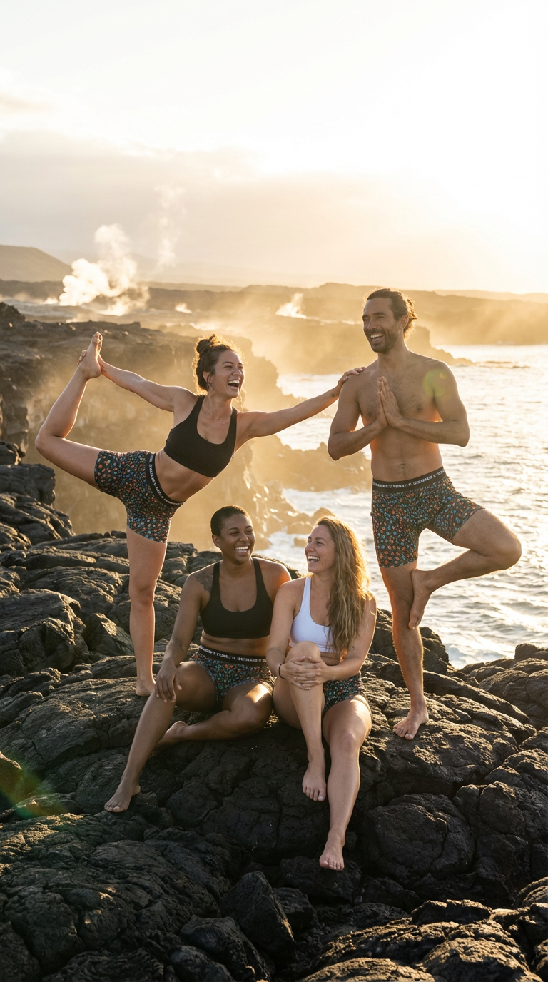 Four individuals are outdoors on rocky terrain, wearing Wild Leopards iSquared Yoga Shorts featuring a colorful leopard print. Two women are in different yoga poses, while two others sit together, smiling. One woman wears a black sports bra, and another wears a white top. The sun is setting in the background, creating a warm, glowing atmosphere.